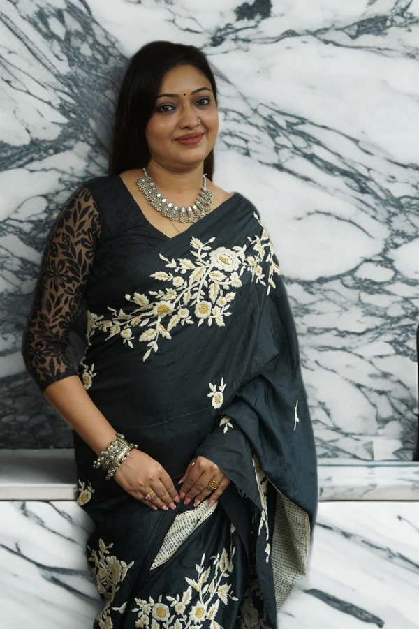 SKU0186 :Pure Silk Dhanekhali Saree – Handwoven Bengal Traditional | Parsi Stich - Normal Length 6.3 mtr, Black, Designer/Contemporary, Dry Clean Only, Yes