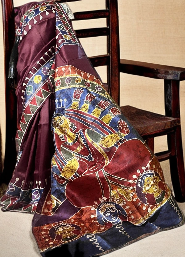 SKU0172 :  Pure Silk – Premium Wax Batik Fabric – Handcrafted, Soft & Breathable  - Normal Length 6.3 mtr Plus, Maroon, Hand Print, Hand Wash, Yes