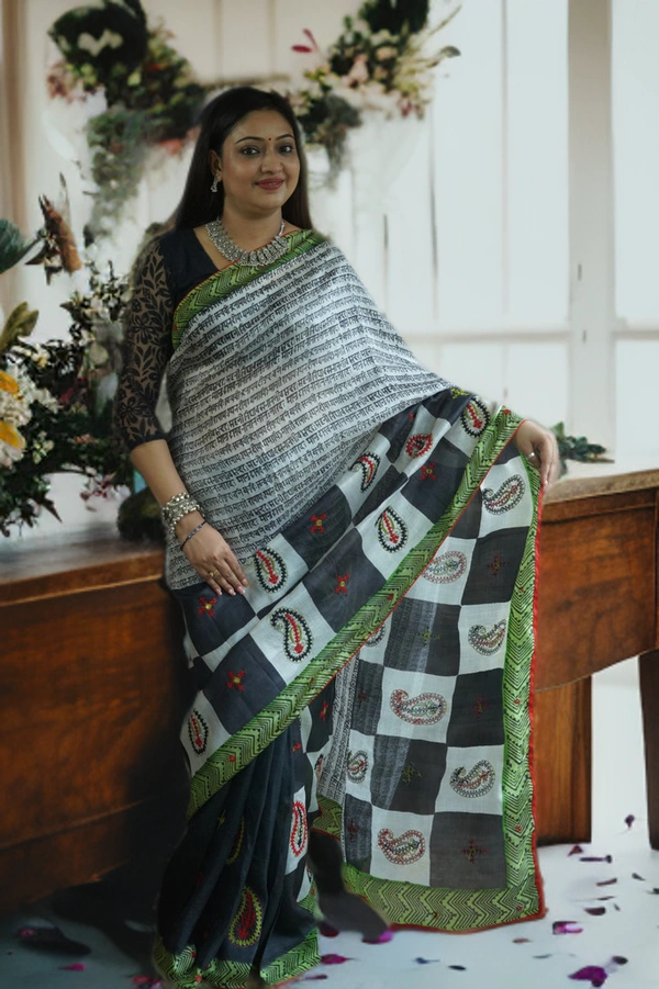 SKU0183 : Pure Silk | Gujrati Work – Handstich Bengal Traditional - Normal Length 6.3 mtr, Black, Designer/Contemporary, Dry Clean Only, Yes