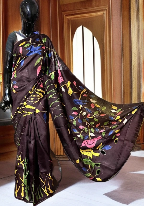 SKU0171 : Pure Silk – Premium Wax Batik Fabric – Handcrafted, Soft & Breathable  - Normal Length 6.3 mtr Plus, Chocolate, Hand Print, Hand Wash, Yes