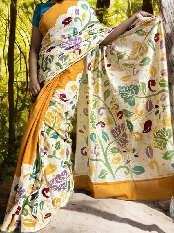 SKU0173 : Pure Cotton – Premium Wax Batik Fabric – Handcrafted, Soft & Breathable  - Normal Length 6.3 mtr Plus, Offwhite, Hand Print, Hand Wash, Yes