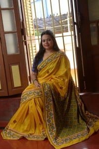 SKU0303 : Pure Silk Kantha Stitch Saree – Handcrafted Bengal Heritage | Gujrati Works  - Yellow, Geometric, Dry Clean Only, Yes