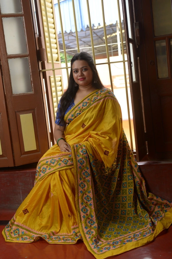 SKU0303 : Pure Silk Kantha Stitch Saree – Handcrafted Bengal Heritage | Gujrati Works  - Yellow, Geometric, Dry Clean Only, Yes