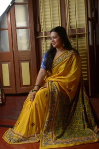 SKU0303 : Pure Silk Kantha Stitch Saree – Handcrafted Bengal Heritage | Gujrati Works  - Yellow, Geometric, Dry Clean Only, Yes