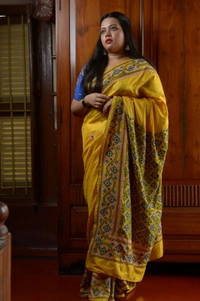 SKU0303 : Pure Silk Kantha Stitch Saree – Handcrafted Bengal Heritage | Gujrati Works  - Yellow, Geometric, Dry Clean Only, Yes
