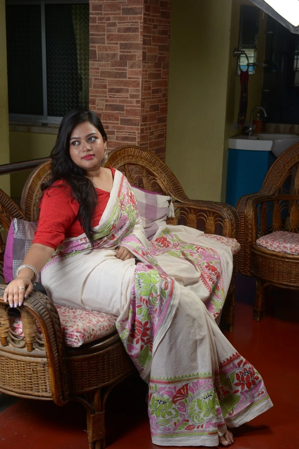 SKU0304 : Elegant Tussar Cotton Kantha Stitch Saree – Handcrafted Heritage Weave  - White, Floral, Dry Clean Only, Yes