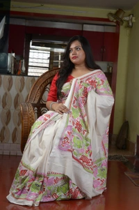 SKU0304 : Elegant Tussar Cotton Kantha Stitch Saree – Handcrafted Heritage Weave  - White, Floral, Dry Clean Only, Yes