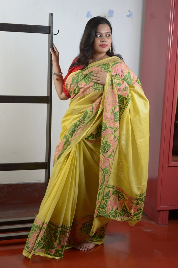 SKU305 : Elegant Tussar Cotton Kantha Stitch Saree – Handcrafted Heritage Weave  - Golden, Floral, Dry Clean Only, Yes