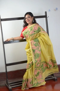 SKU305 : Elegant Tussar Cotton Kantha Stitch Saree – Handcrafted Heritage Weave  - Golden, Floral, Dry Clean Only, Yes