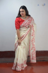 SKU306 : Pure Cotton Saree – Handwoven, Lightweight & Breathable Fabric  - White, Applic Work, Dry Clean Only, Yes