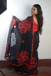 SKU307 : Pure Cotton Saree – Handwoven, Lightweight & Breathable Fabric - Black, Applic Work, Dry Clean Only, Yes
