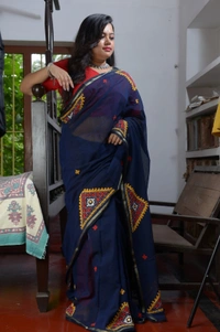 SKU0308 : Pure  Cotton Saree – Handwoven, Lightweight & Breathable Fabric  - Blue, Geometric, Dry Clean Only, Yes