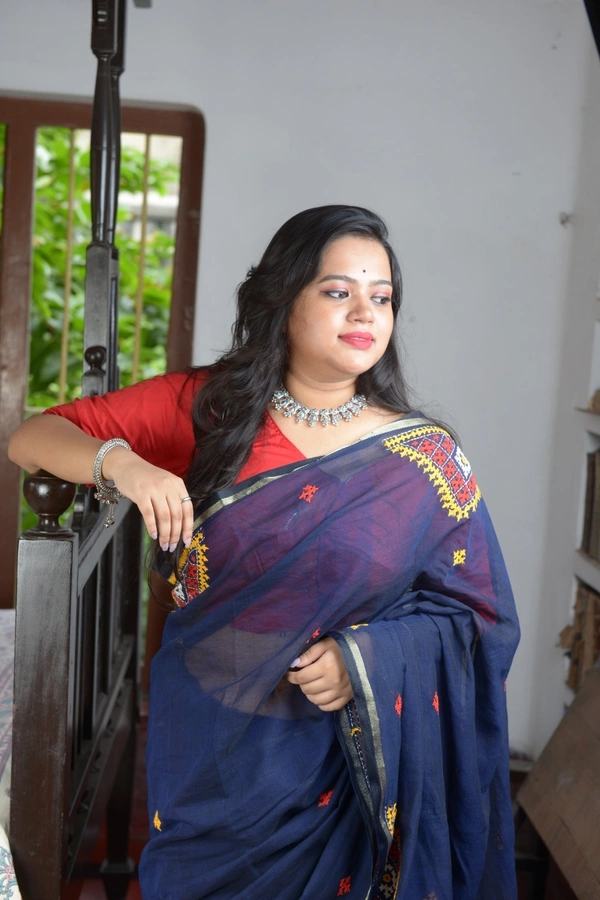 SKU0308 : Pure  Cotton Saree – Handwoven, Lightweight & Breathable Fabric  - Blue, Geometric, Dry Clean Only, Yes