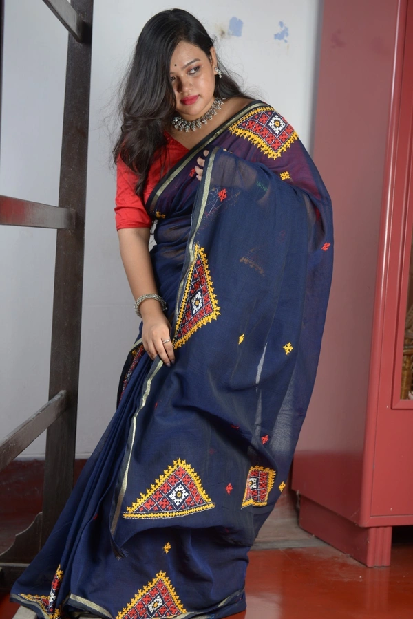 SKU0308 : Pure  Cotton Saree – Handwoven, Lightweight & Breathable Fabric  - Blue, Geometric, Dry Clean Only, Yes