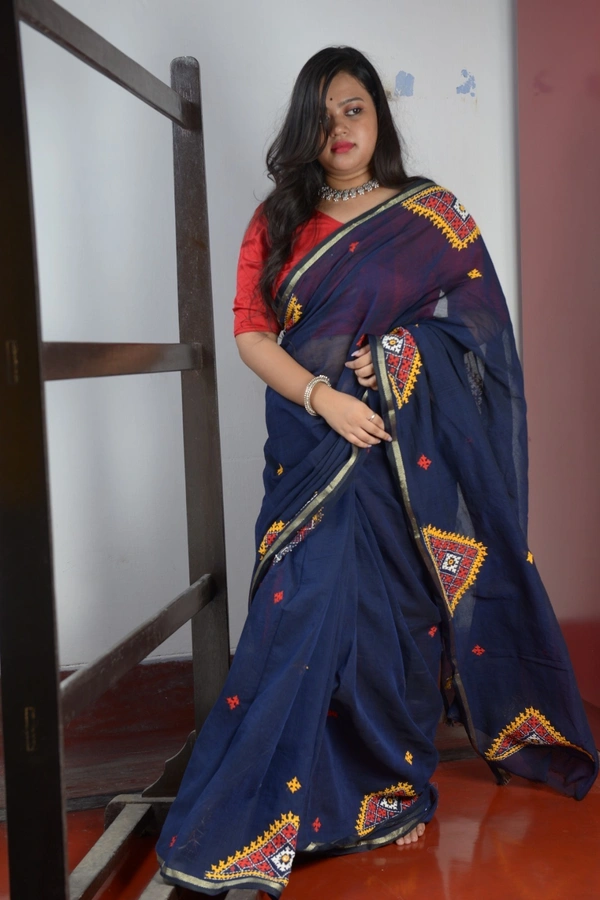 SKU0308 : Pure  Cotton Saree – Handwoven, Lightweight & Breathable Fabric  - Blue, Geometric, Dry Clean Only, Yes
