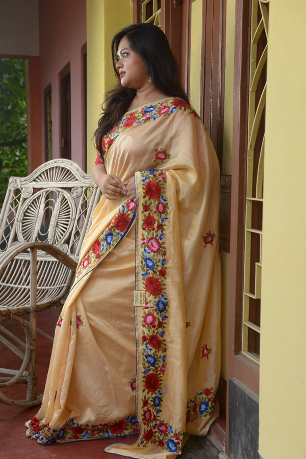 SKU0309 : Pure Silk | Chanderi Silk – Handwoven Bengal Traditional | Embroidered Borde - Golden, Floral, Dry Clean Only, Yes