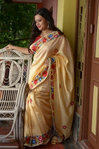 SKU0309 : Pure Silk | Chanderi Silk – Handwoven Bengal Traditional | Embroidered Borde - Golden, Floral, Dry Clean Only, Yes