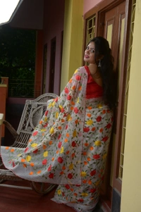 SKU0310 : Pure Silk Dhanekhali Saree – Handwoven Bengal Traditional | Parsi Stich - White, Floral, Dry Clean Only, Yes