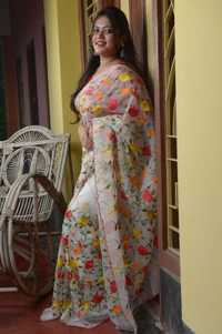 SKU0310 : Pure Silk Dhanekhali Saree – Handwoven Bengal Traditional | Parsi Stich - White, Floral, Dry Clean Only, Yes