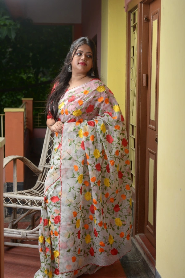 SKU0310 : Pure Silk Dhanekhali Saree – Handwoven Bengal Traditional | Parsi Stich - White, Floral, Dry Clean Only, Yes