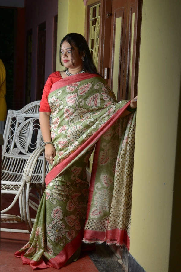 SKU0311 : Pure Tussar Silk Saree with  Hand Cart Work - Pesta, Floral, Dry Clean Only, Yes