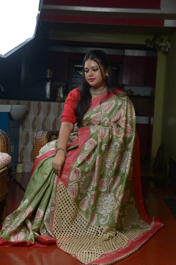 SKU0311 : Pure Tussar Silk Saree with  Hand Cart Work - Pesta, Floral, Dry Clean Only, Yes