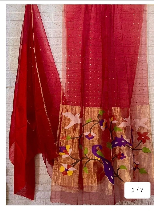 SKU0511 : Pure Silk Paithani Mulberry Silk Saree – Handwoven Traditional Elegance Shape - Red, Bird Motif, Hand Wash, Yes
