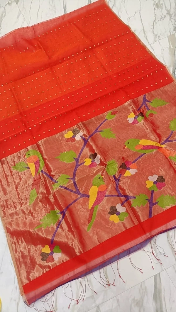 SKU0512 : Pure Silk Paithani Mulberry Silk Saree – Handwoven Traditional Elegance Shape - Orange, Bird Motif, Hand Wash, Yes