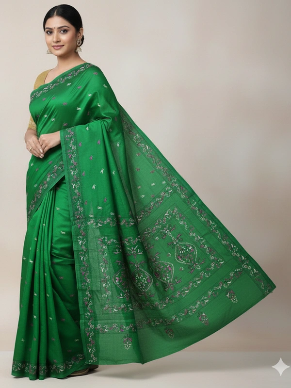 SKU0899 : Pure Silk Kantha Stitch Saree – Handcrafted Bengal - Kantha Stitch, Dry Clean Only, Yes