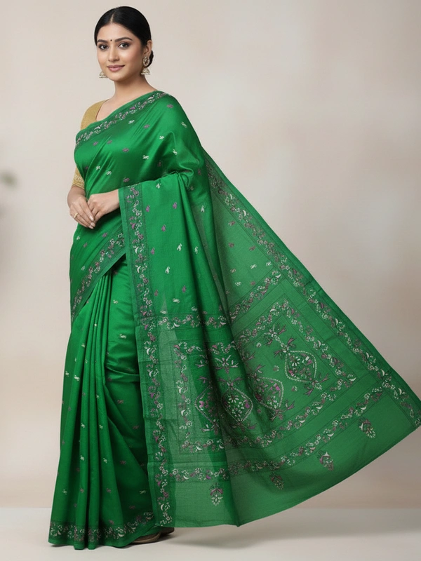 SKU0899 : Pure Silk Kantha Stitch Saree – Handcrafted Bengal - Kantha Stitch, Dry Clean Only, Yes