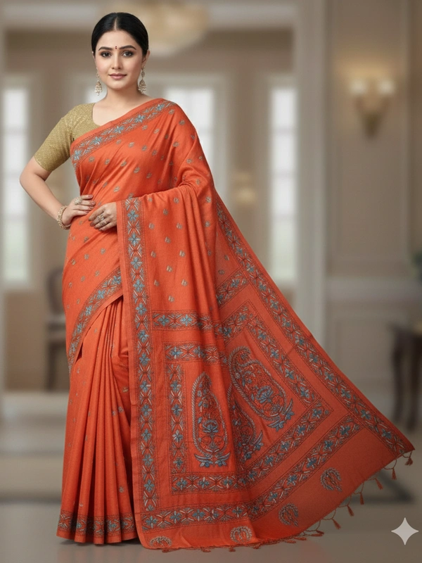 SKU0900 : Pure Silk Kantha Stitch Saree – Handcrafted Bengal - Kantha Stitch, Dry Clean Only, Yes