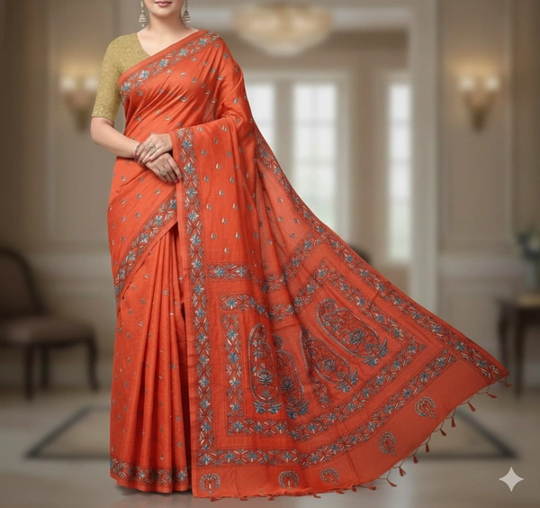 SKU0900 : Pure Silk Kantha Stitch Saree – Handcrafted Bengal - Kantha Stitch, Dry Clean Only, Yes