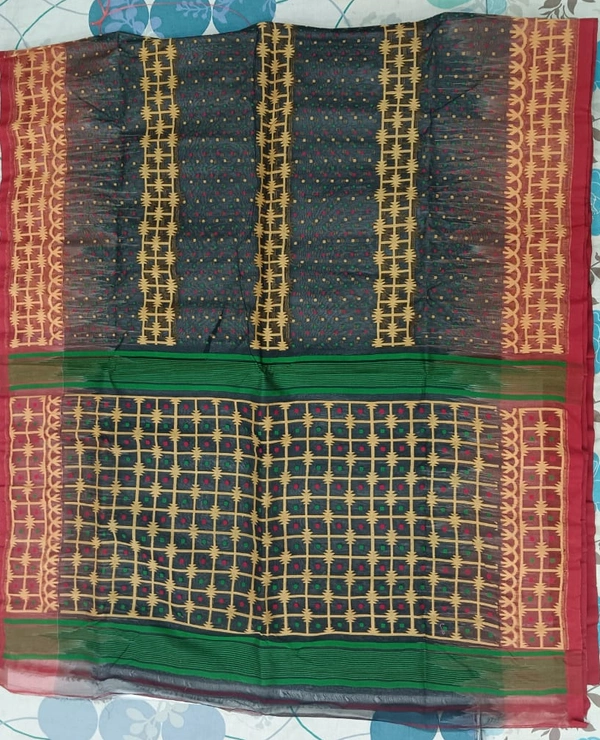 SKU1174 : Elegant Cotton Blend Dhakai Jamdani Saree | Ikkat Design | Hand Woven - Hand Wash, No