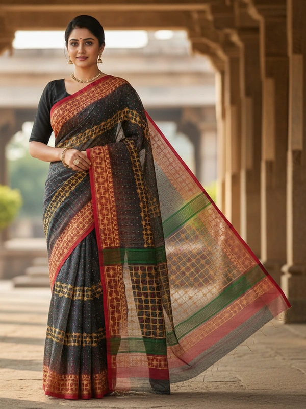 SKU1174 : Elegant Cotton Blend Dhakai Jamdani Saree | Ikkat Design | Hand Woven - Hand Wash, No