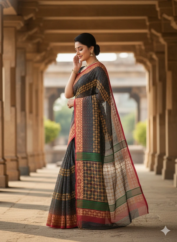 SKU1174 : Elegant Cotton Blend Dhakai Jamdani Saree | Ikkat Design | Hand Woven - Hand Wash, No