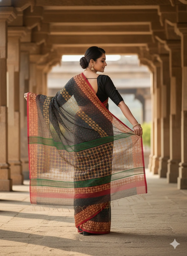 SKU1174 : Elegant Cotton Blend Dhakai Jamdani Saree | Ikkat Design | Hand Woven - Hand Wash, No