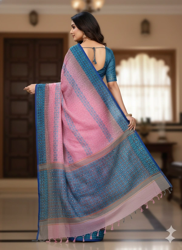 SKU1175 : Elegant Cotton Blend Dhakai Jamdani Saree | Ikkat Design | Hand Woven - Hand Wash, No