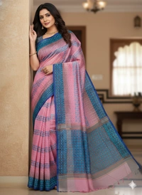 SKU1175 : Elegant Cotton Blend Dhakai Jamdani Saree | Ikkat Design | Hand Woven - Hand Wash, No