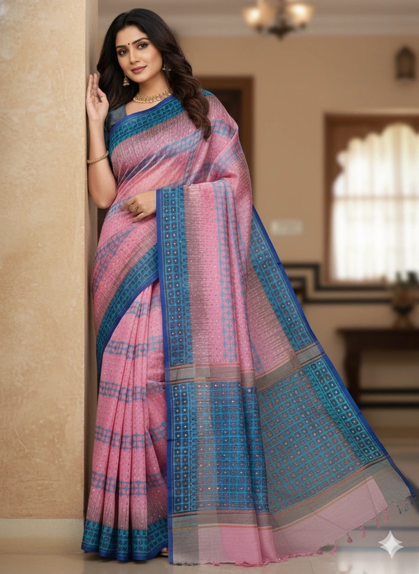 SKU1175 : Elegant Cotton Blend Dhakai Jamdani Saree | Ikkat Design | Hand Woven - Hand Wash, No