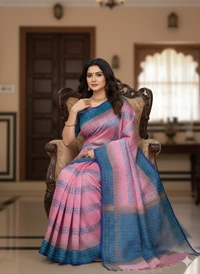 SKU1175 : Elegant Cotton Blend Dhakai Jamdani Saree | Ikkat Design | Hand Woven - Hand Wash, No