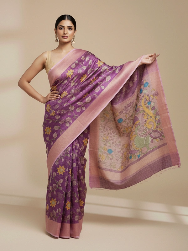 SKU0808: Elegant Pure Tussar Silk Saree – Handwoven | Jori Work | Kalamkari - Kalamkari, Dry Wash Only, Yes