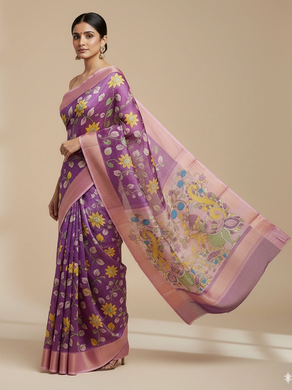 SKU0808: Elegant Pure Tussar Silk Saree – Handwoven | Jori Work | Kalamkari - Kalamkari, Dry Wash Only, Yes