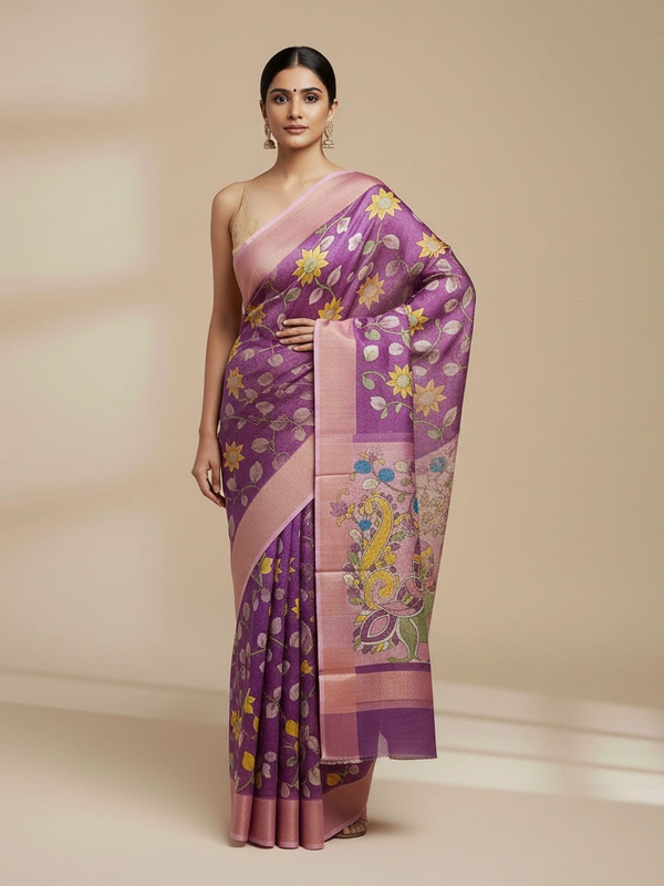 SKU0808: Elegant Pure Tussar Silk Saree – Handwoven | Jori Work | Kalamkari - Kalamkari, Dry Wash Only, Yes
