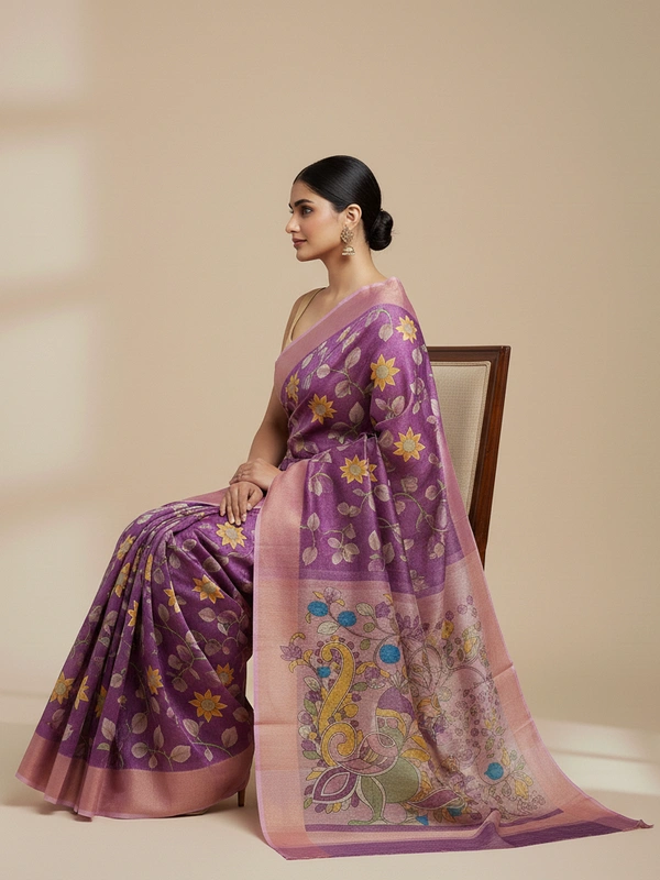 SKU0808: Elegant Pure Tussar Silk Saree – Handwoven | Jori Work | Kalamkari - Kalamkari, Dry Wash Only, Yes