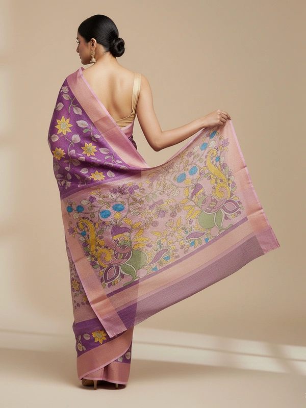 SKU0808: Elegant Pure Tussar Silk Saree – Handwoven | Jori Work | Kalamkari - Kalamkari, Dry Wash Only, Yes