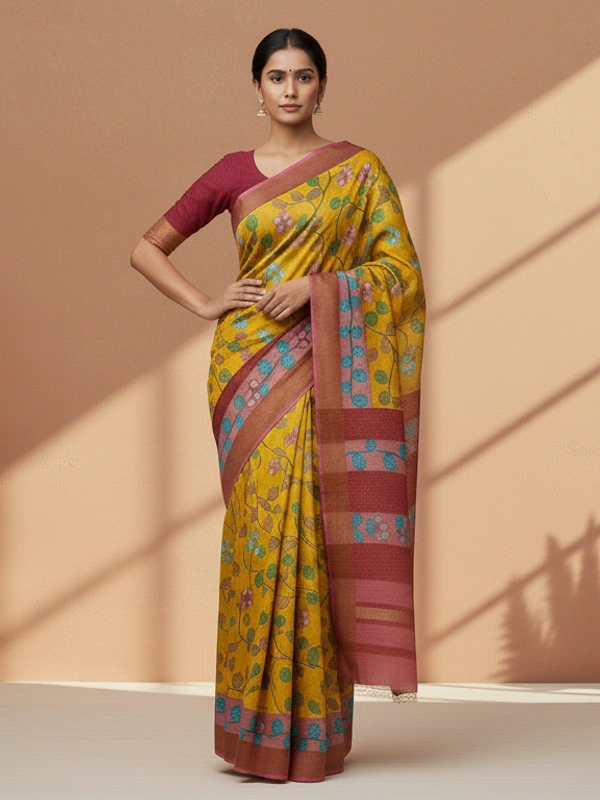 SKU0810: Elegant Pure Tussar Silk Saree – Handwoven | Jori Work | Kalamkari - Kalamkari, Dry Wash Only, Yes