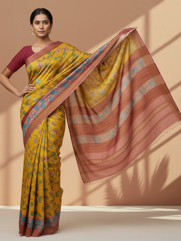 SKU0810: Elegant Pure Tussar Silk Saree – Handwoven | Jori Work | Kalamkari - Kalamkari, Dry Wash Only, Yes