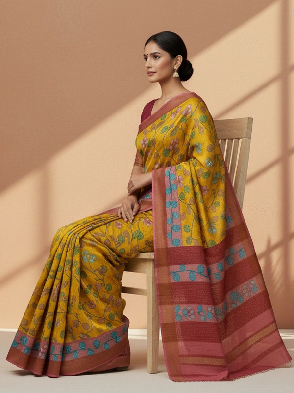 SKU0810: Elegant Pure Tussar Silk Saree – Handwoven | Jori Work | Kalamkari - Kalamkari, Dry Wash Only, Yes