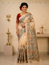 SKU0606 : Pure Silk Kantha Stitch Saree – Handcrafted Bengal Heritage - Normal Length 6.3 mtr Plus, Kantha Stitch, Dry Clean Only, Yes