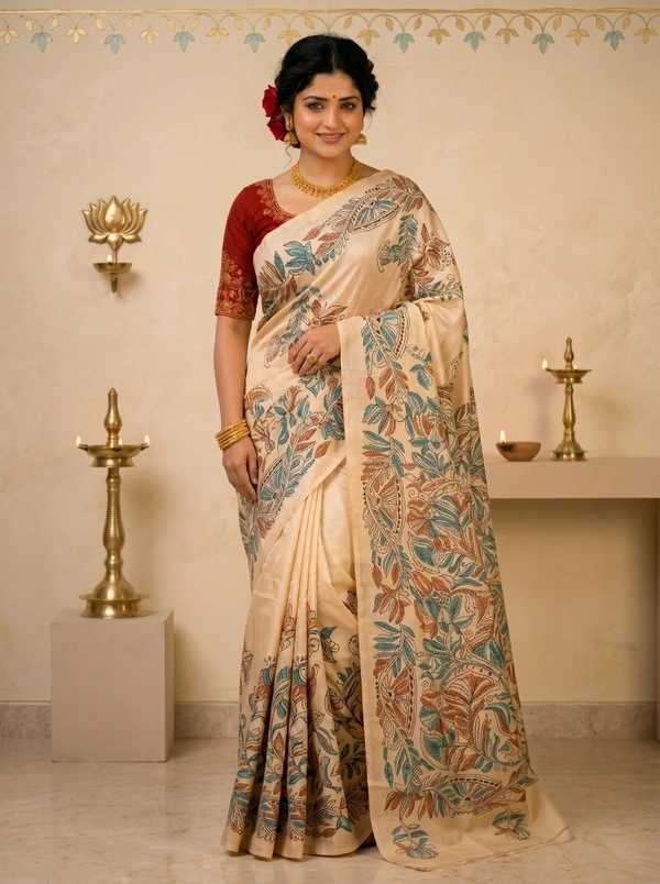 SKU0606 : Pure Silk Kantha Stitch Saree – Handcrafted Bengal Heritage - Normal Length 6.3 mtr Plus, Kantha Stitch, Dry Clean Only, Yes
